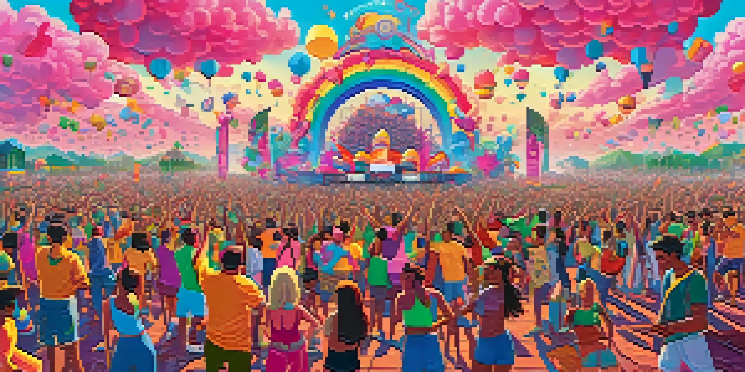 An animated online music festival scene with diverse avatars of musicians performing on colorful virtual stages under a bright blue sky.