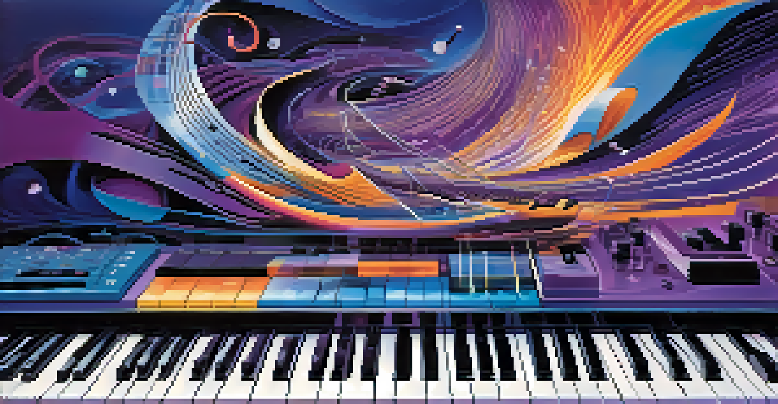 An abstract digital landscape showcasing the fusion of AI and music, with sound waves and musical notes blended with binary code.