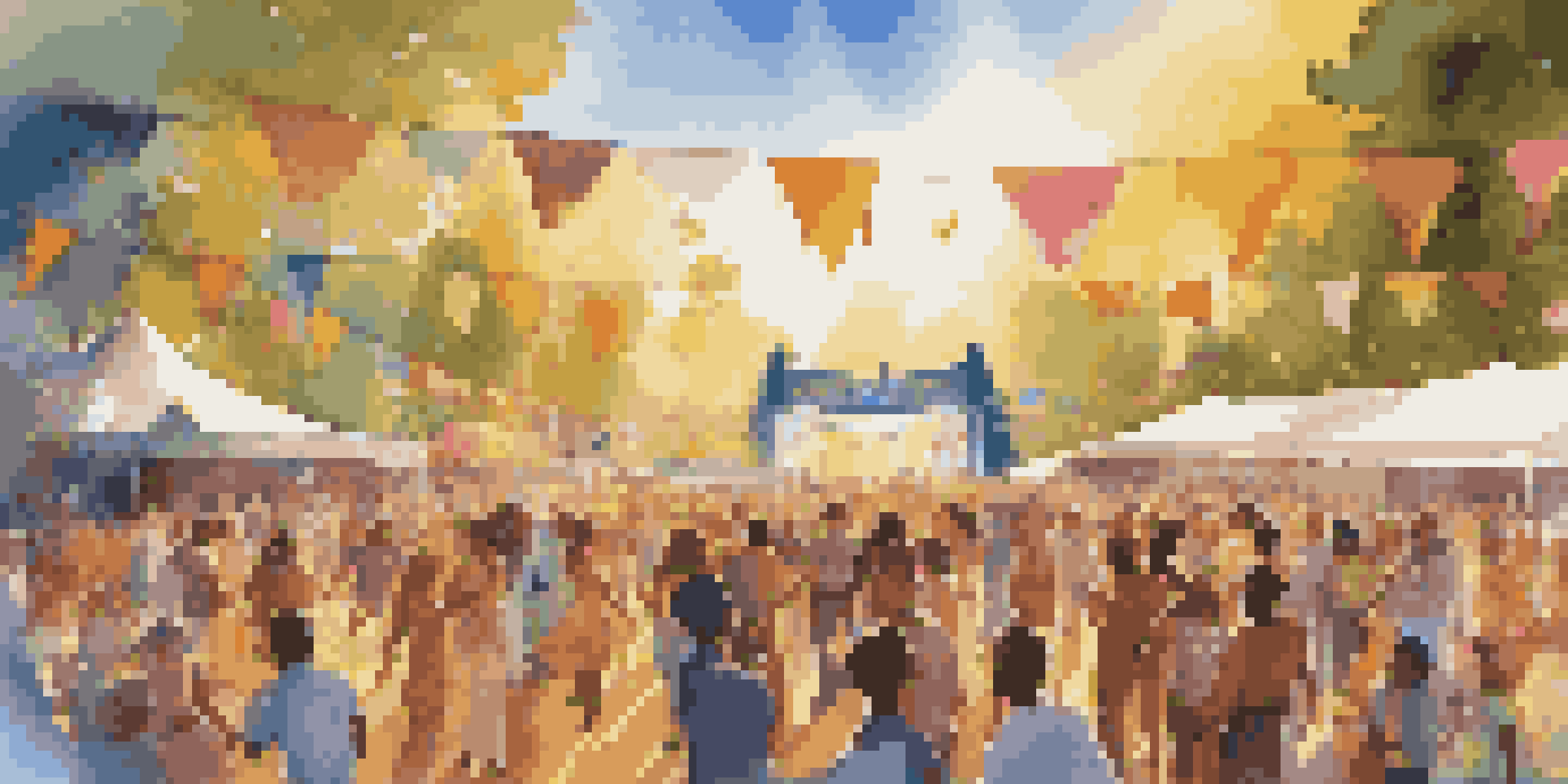 A lively community music festival with people dancing and musicians playing traditional instruments under a sunny sky.