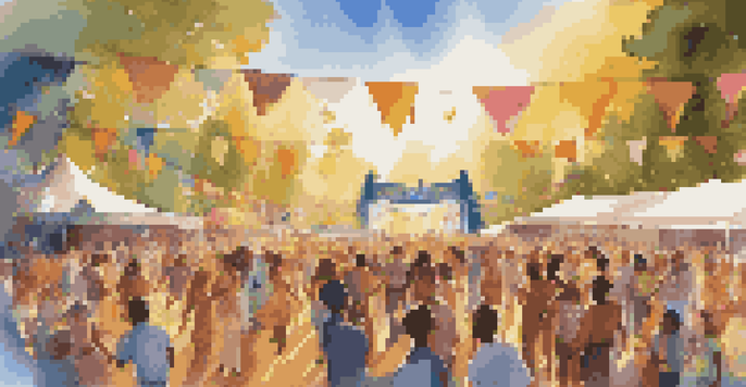 A lively community music festival with people dancing and musicians playing traditional instruments under a sunny sky.