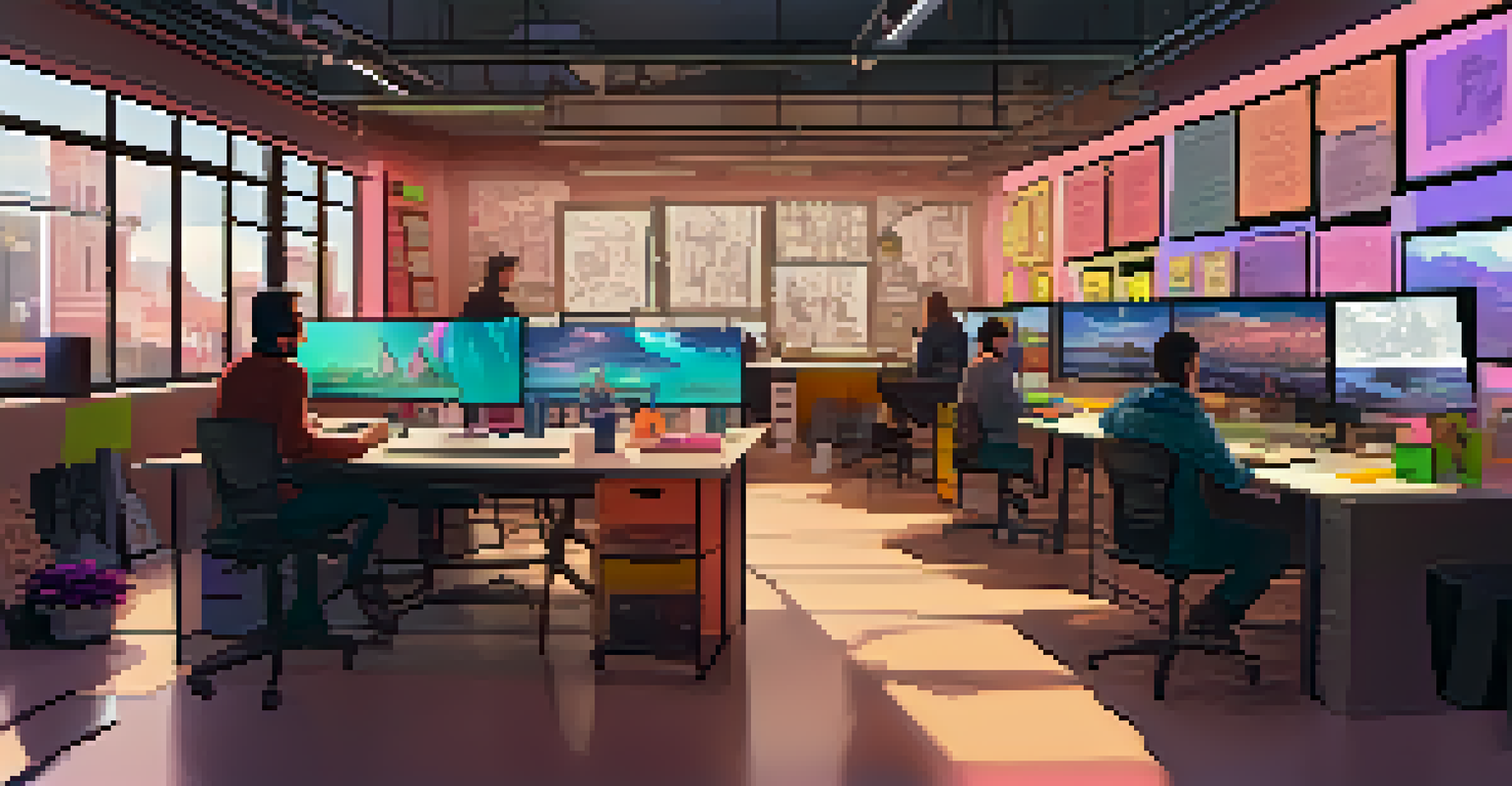 A team working together in a creative space on an interactive music video project with screens and storyboards.