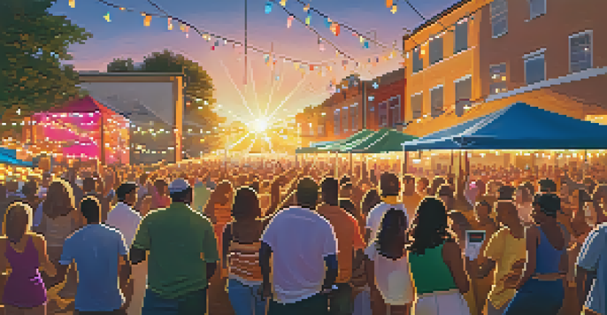 A lively outdoor event with diverse attendees dancing to live music during sunset, illuminated by colorful stage lights.