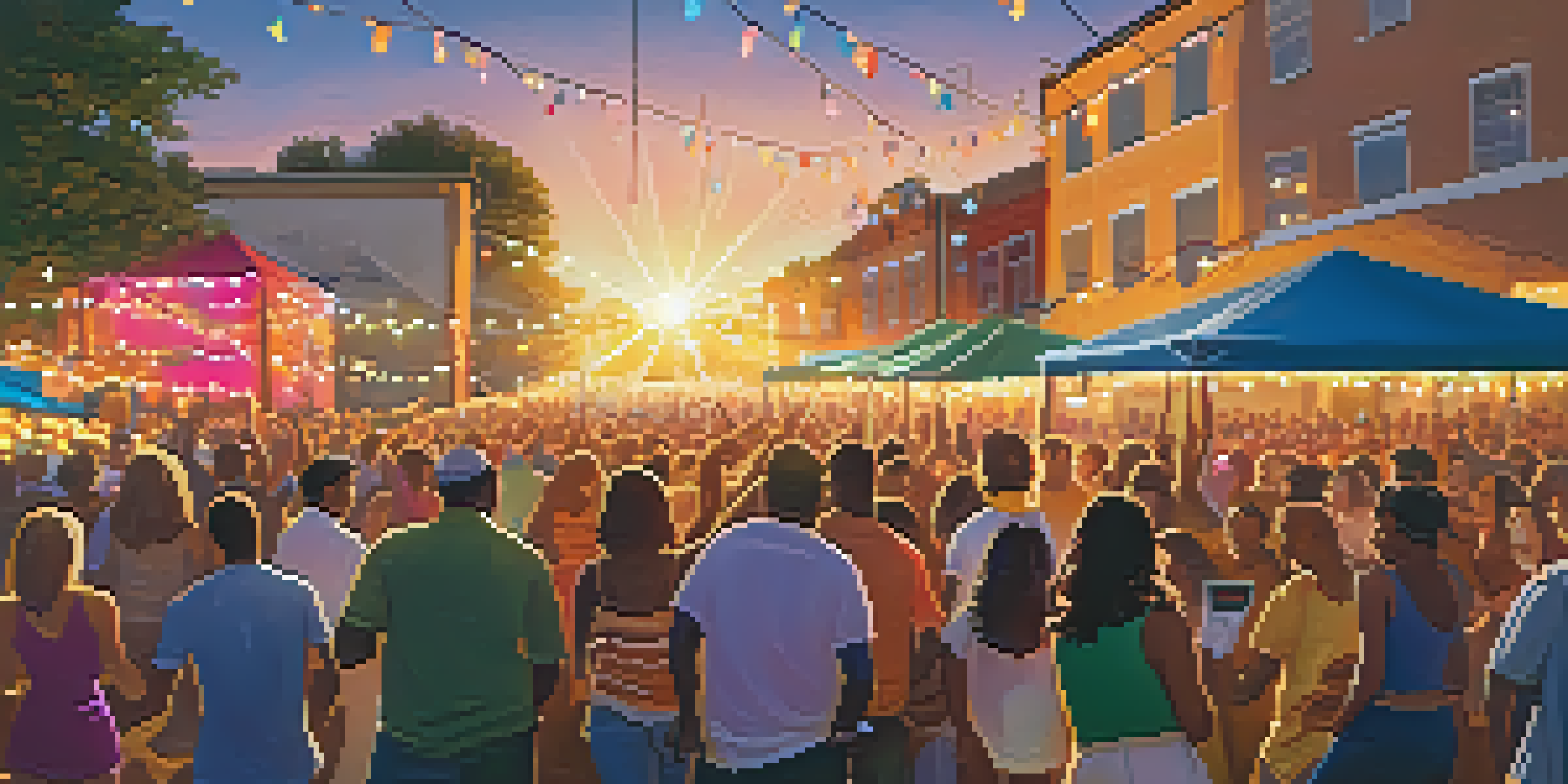 A lively outdoor event with diverse attendees dancing to live music during sunset, illuminated by colorful stage lights.