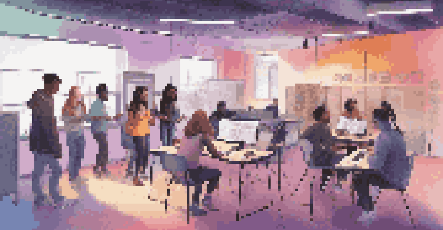 A group of diverse students collaborating on a music project in a modern workspace filled with colorful lights and instruments, emphasizing teamwork and creativity.