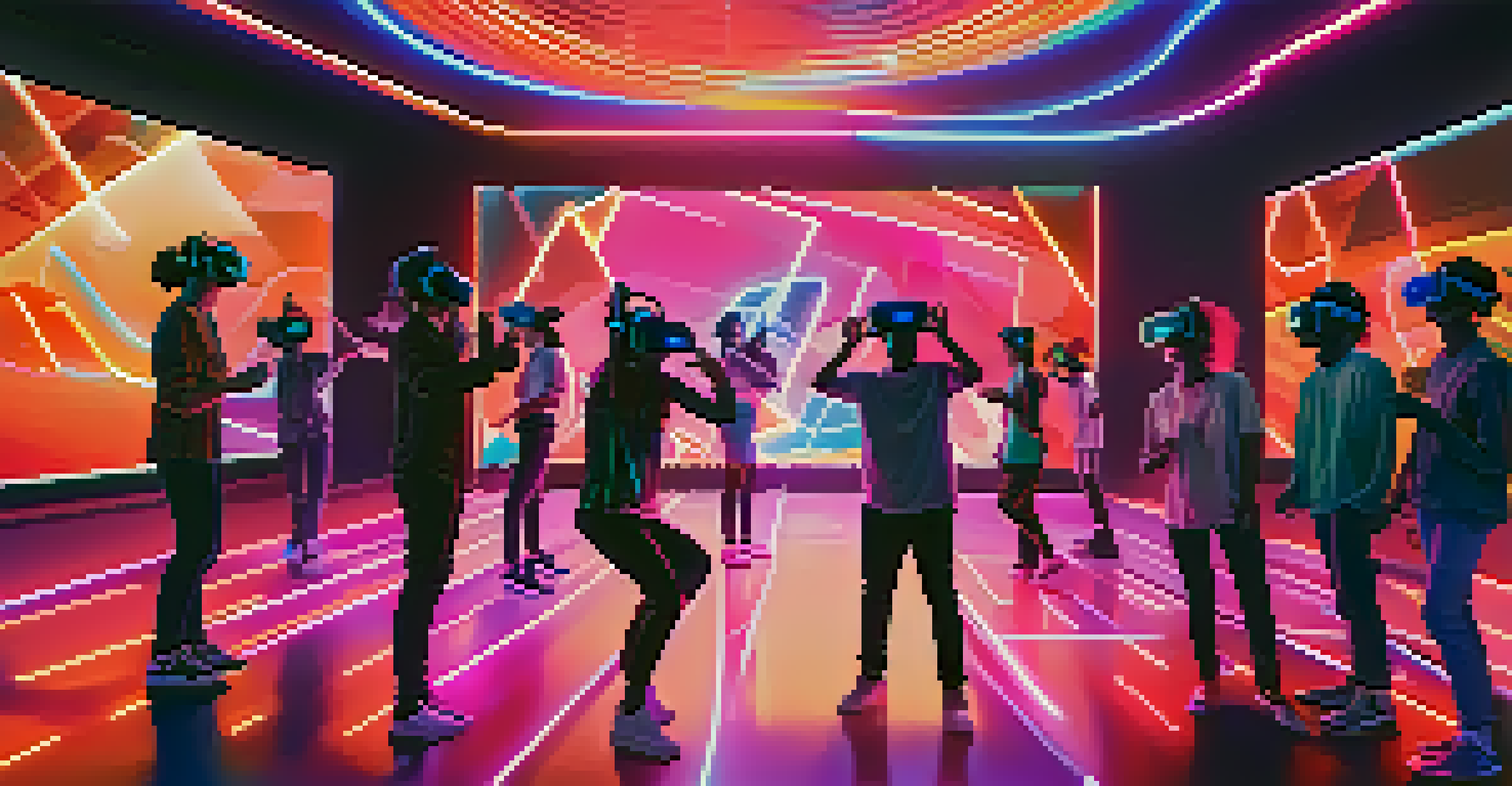 A futuristic virtual reality concert scene with diverse people wearing VR headsets and colorful digital visuals around them.