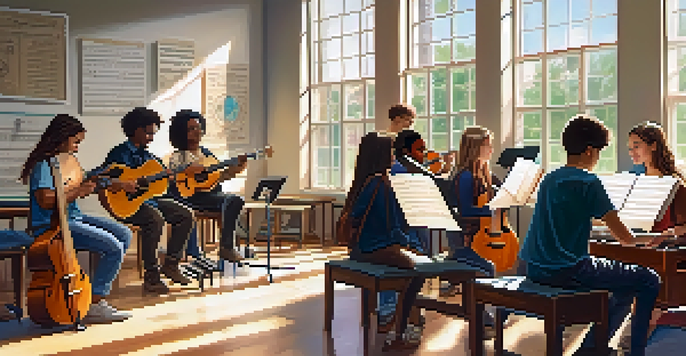 A lively music classroom where students of different backgrounds collaborate on music composition, surrounded by various musical instruments and bright sunlight.