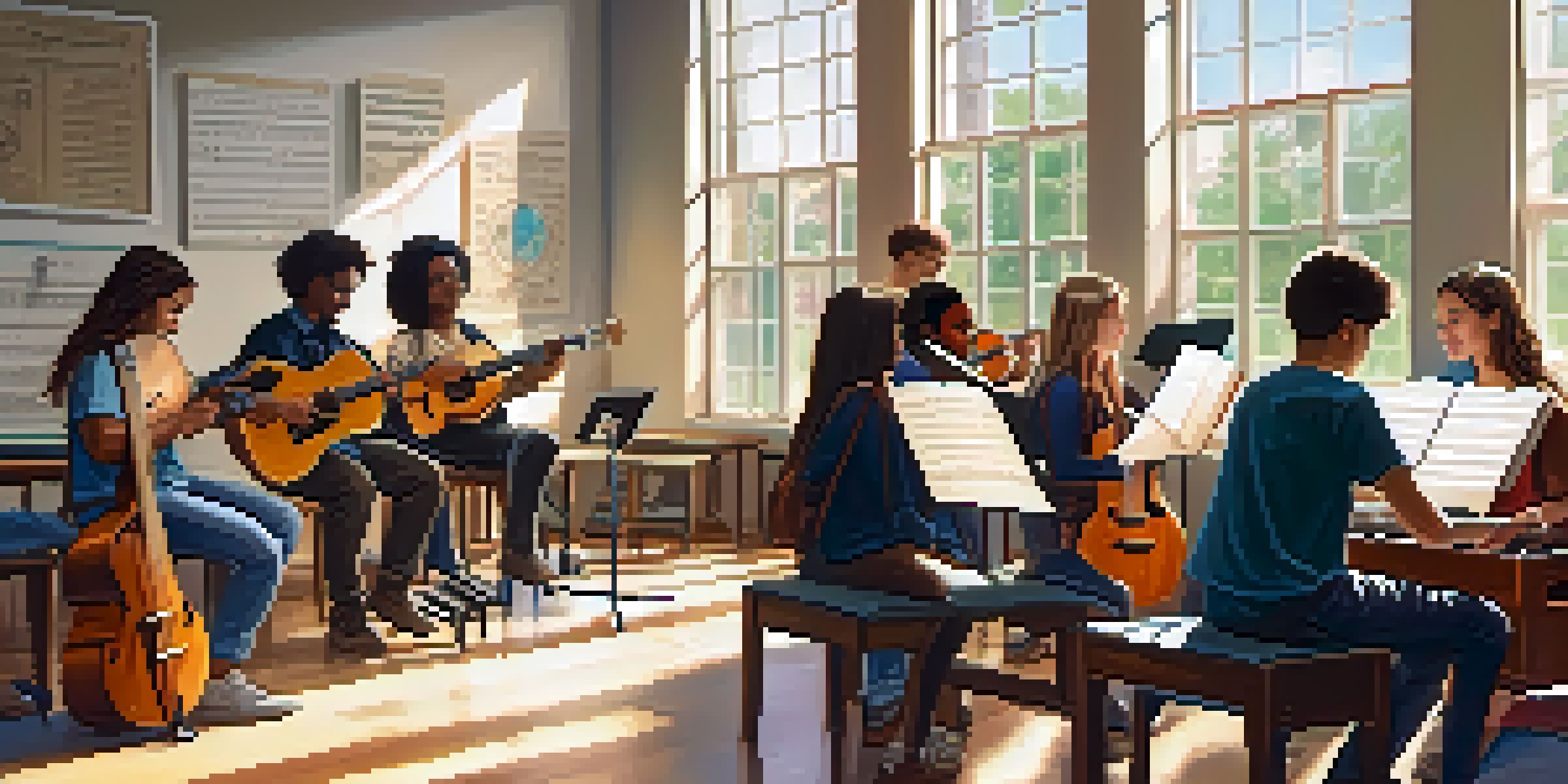 A lively music classroom where students of different backgrounds collaborate on music composition, surrounded by various musical instruments and bright sunlight.