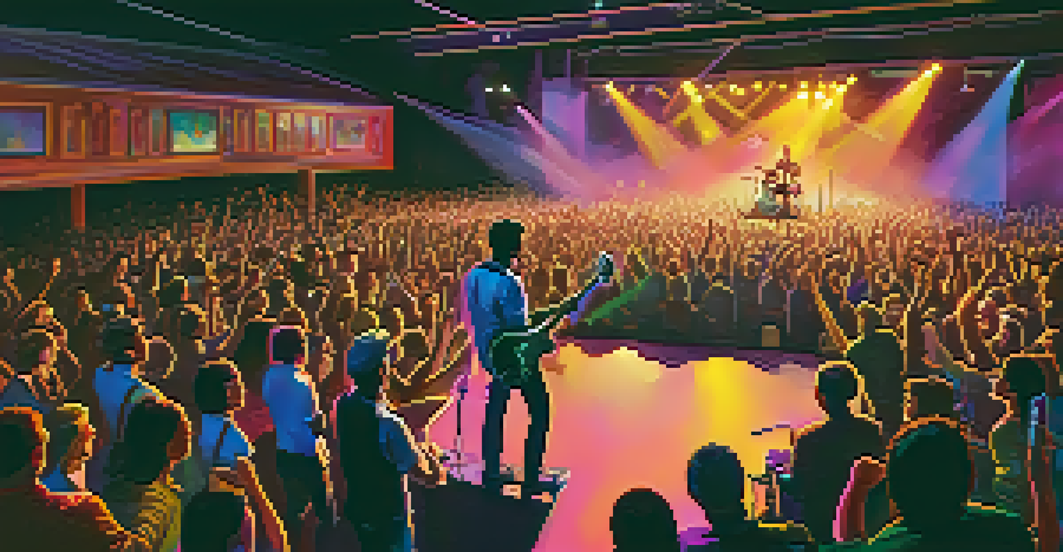 An emerging artist performing live on stage with colorful lights, engaging a diverse audience at a small venue.