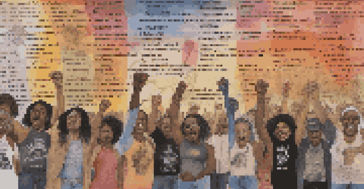 A colorful collage featuring symbols of protest songs, such as clenched fists and musical notes, with historical images and song titles overlay.