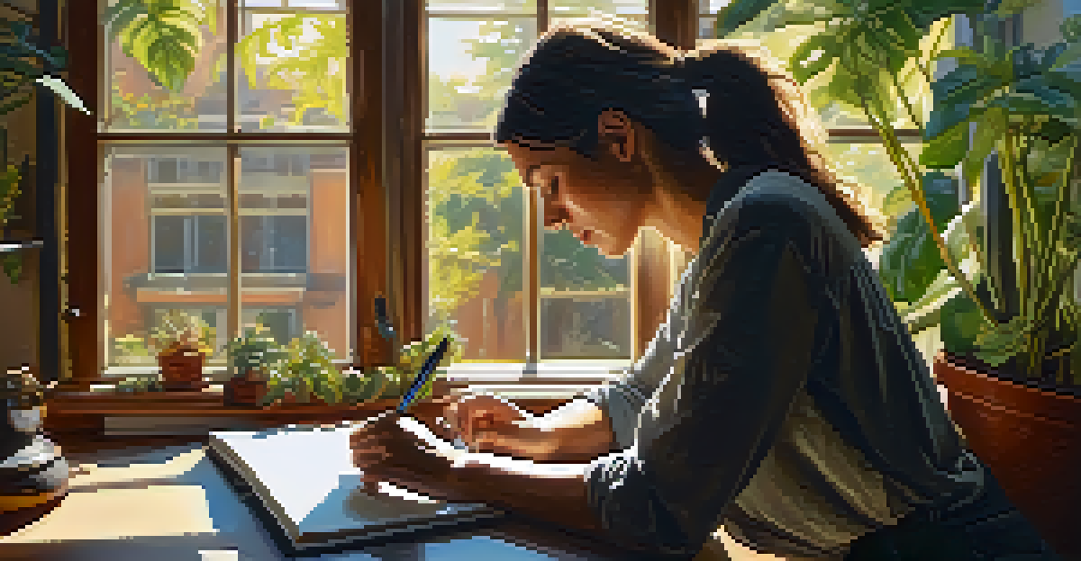 A female artist writing lyrics in a sunlit room, surrounded by plants and musical instruments, creating an intimate atmosphere.