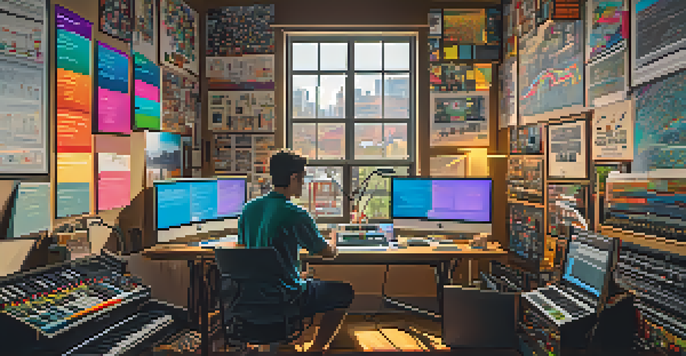 A person in a creative workspace analyzing music marketing data on a computer with colorful charts and musical instruments around them.