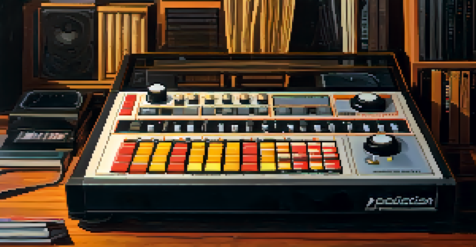 A close-up of a Roland TR-808 drum machine on a table with vinyl records and handwritten lyrics, illuminated by soft ambient light.