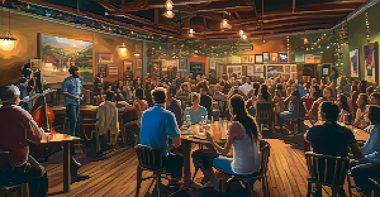 An intimate music venue with a live band and a warm, cozy atmosphere, showcasing local culture.