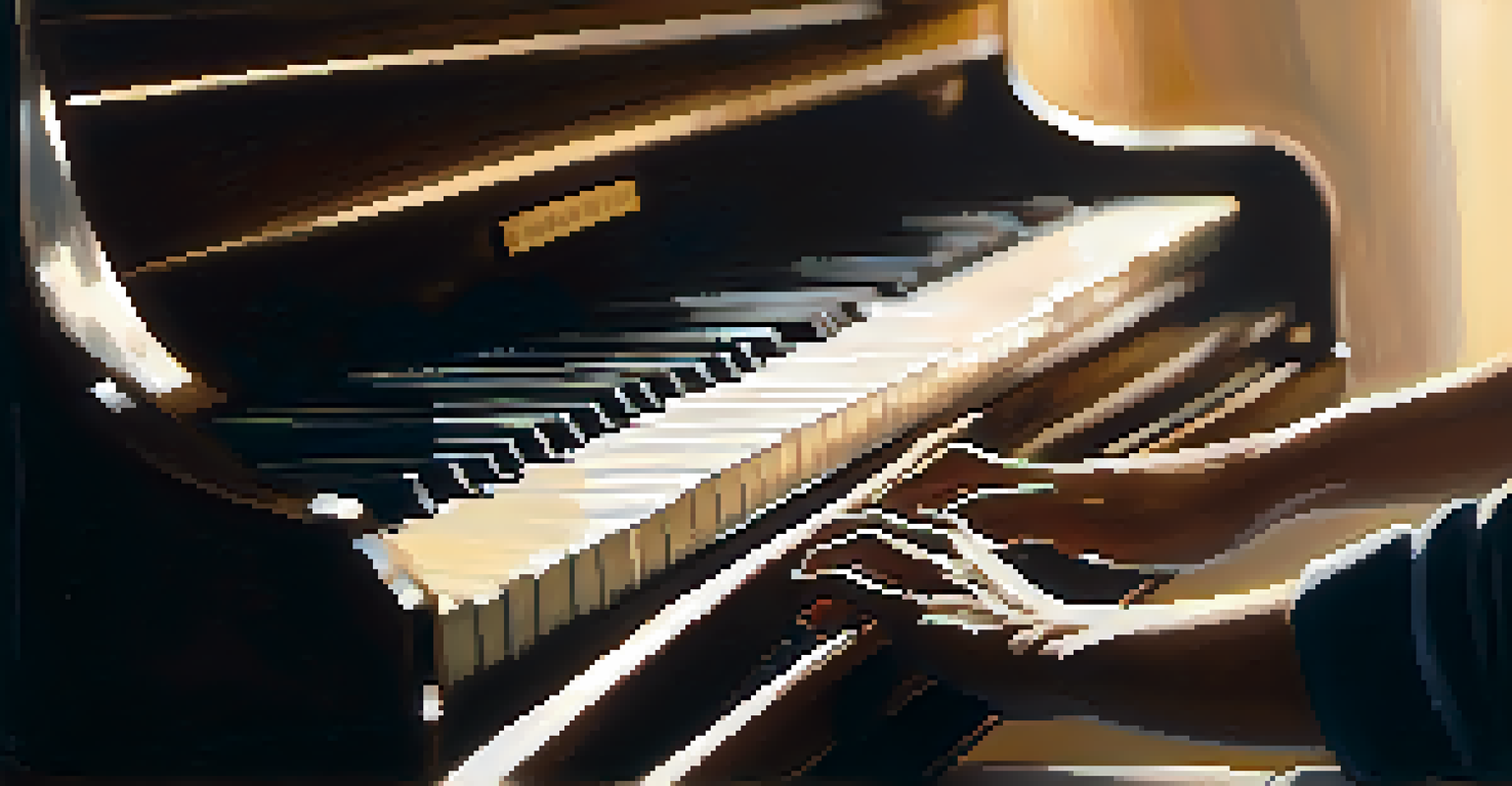 A close-up image of a hand playing a piano, with soft lighting and sheet music in the background, symbolizing emotional expression through music.