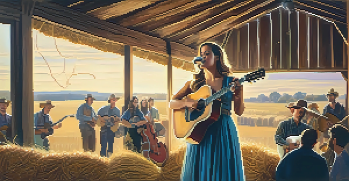 A female country artist performing on stage in a rustic barn, playing an acoustic guitar and singing into a vintage microphone, surrounded by captivated fans.