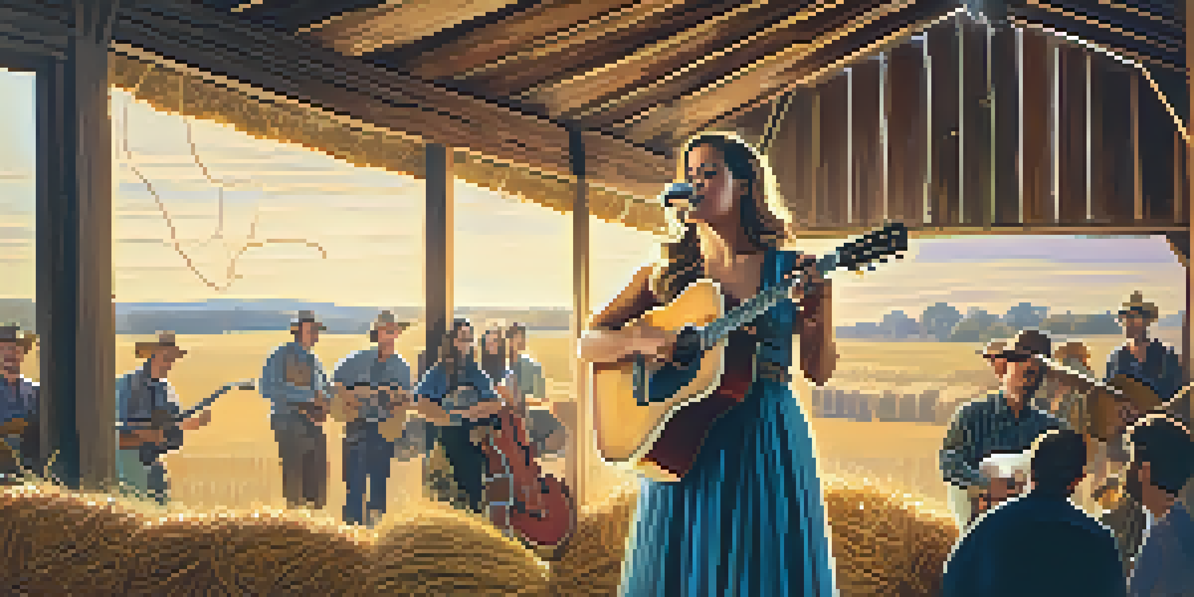 A female country artist performing on stage in a rustic barn, playing an acoustic guitar and singing into a vintage microphone, surrounded by captivated fans.