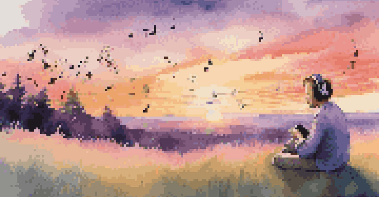A person sitting on a hill wearing headphones, enjoying a sunset surrounded by floating musical notes.