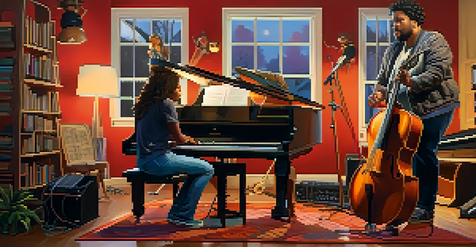 A group of diverse musicians working together in a cozy home studio, surrounded by various musical instruments and warm lighting.
