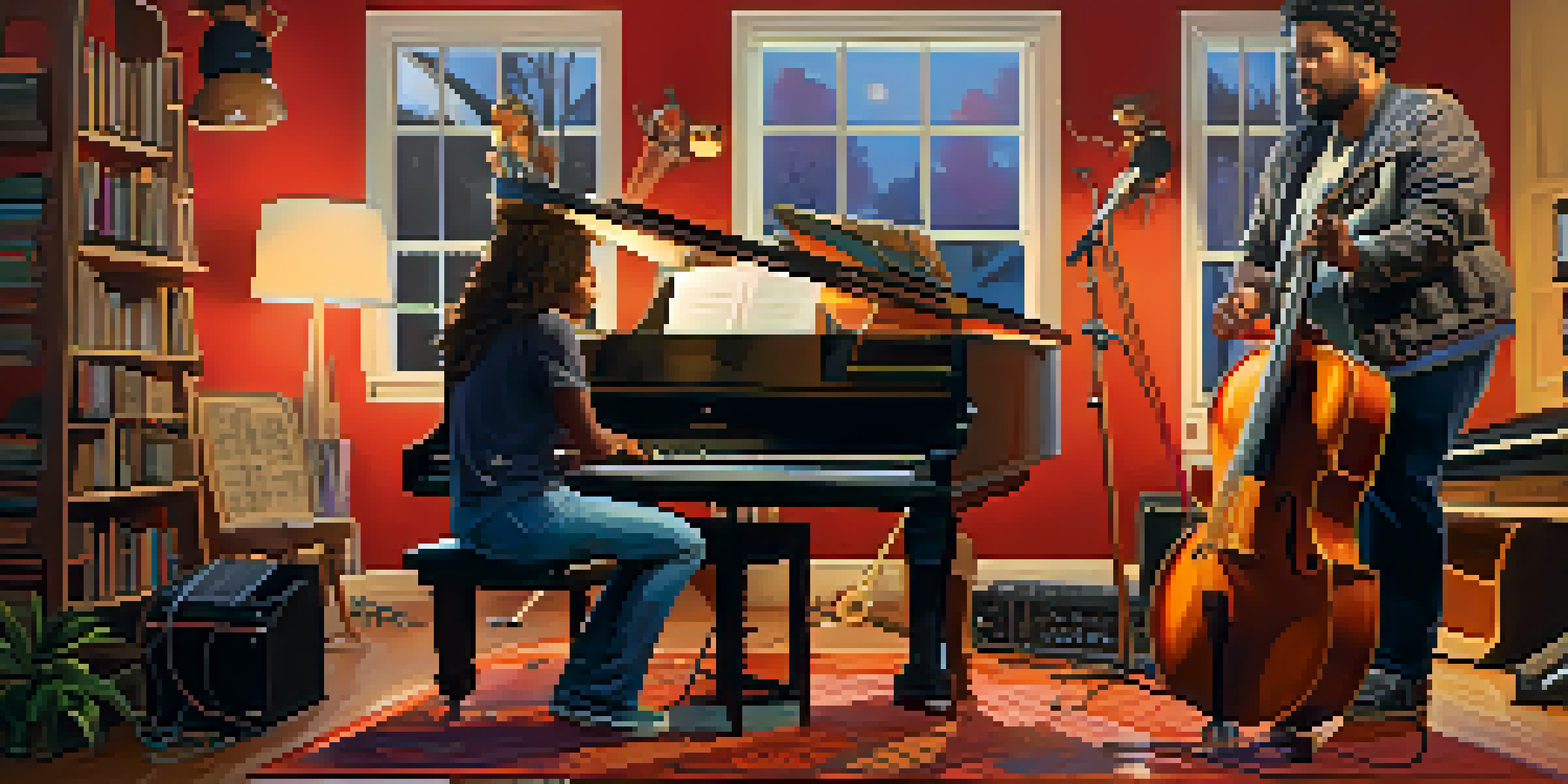A group of diverse musicians working together in a cozy home studio, surrounded by various musical instruments and warm lighting.