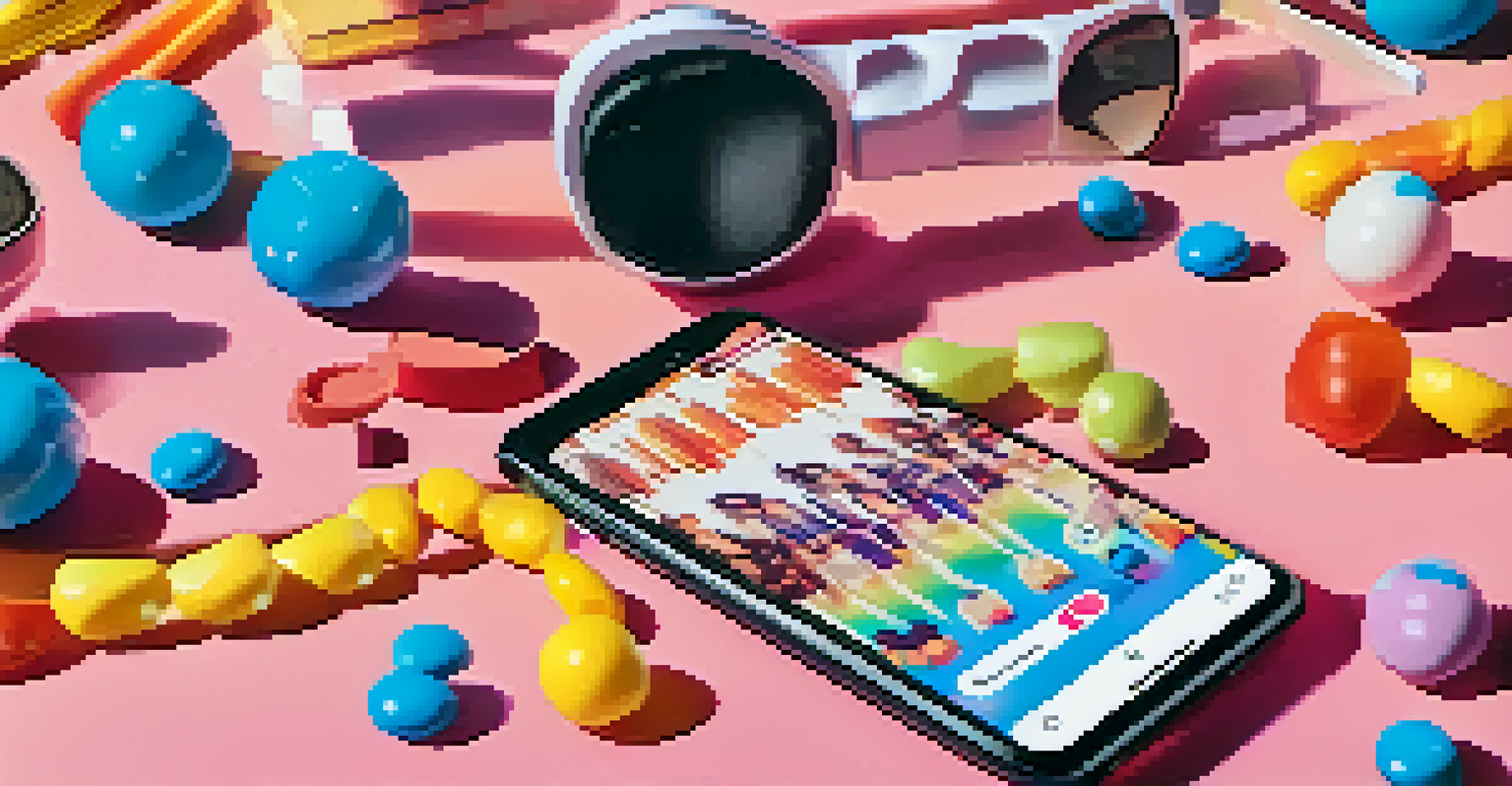 A flat lay of a smartphone showing a TikTok dance challenge video, surrounded by colorful music notes and playful props.