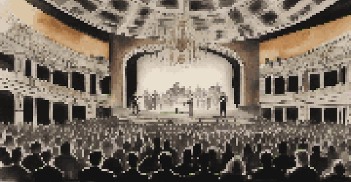 A vintage black and white image of a silent film screening, featuring an audience and a pianist playing a grand piano.