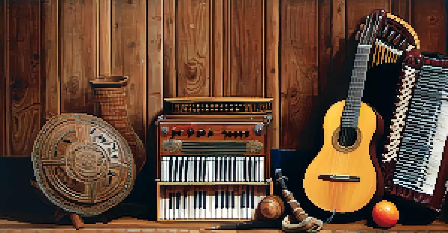A beautiful arrangement of cultural musical instruments on a wooden background, showcasing diversity.