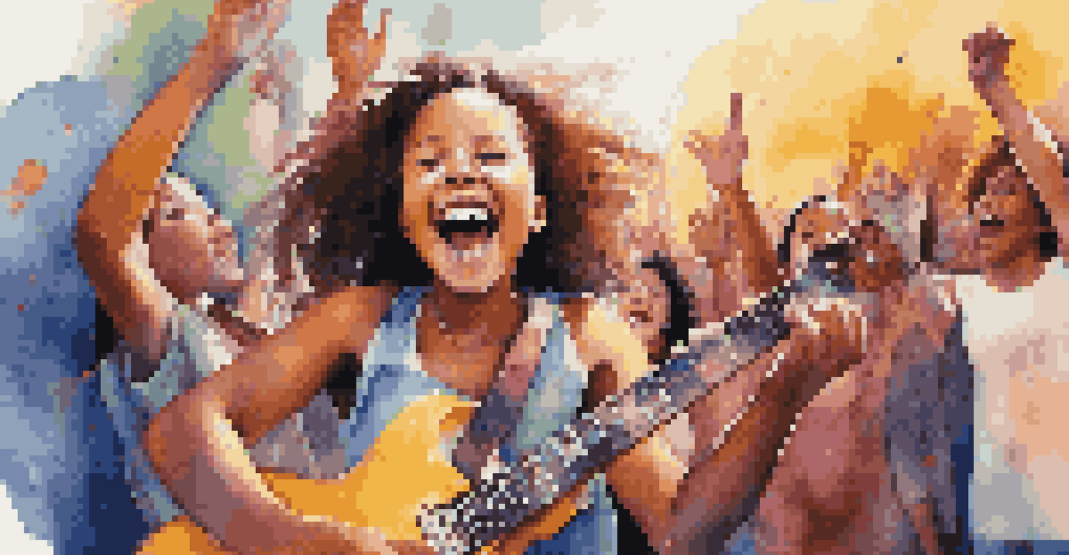 A young girl playing an electric guitar with supportive friends around her, celebrating her musical talent in a colorful and energetic setting.