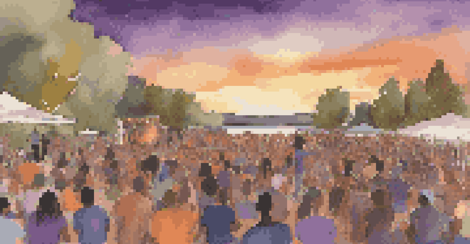 A vibrant outdoor concert at sunset with musicians on stage and a diverse audience enjoying the performance, showcasing unity and joy.