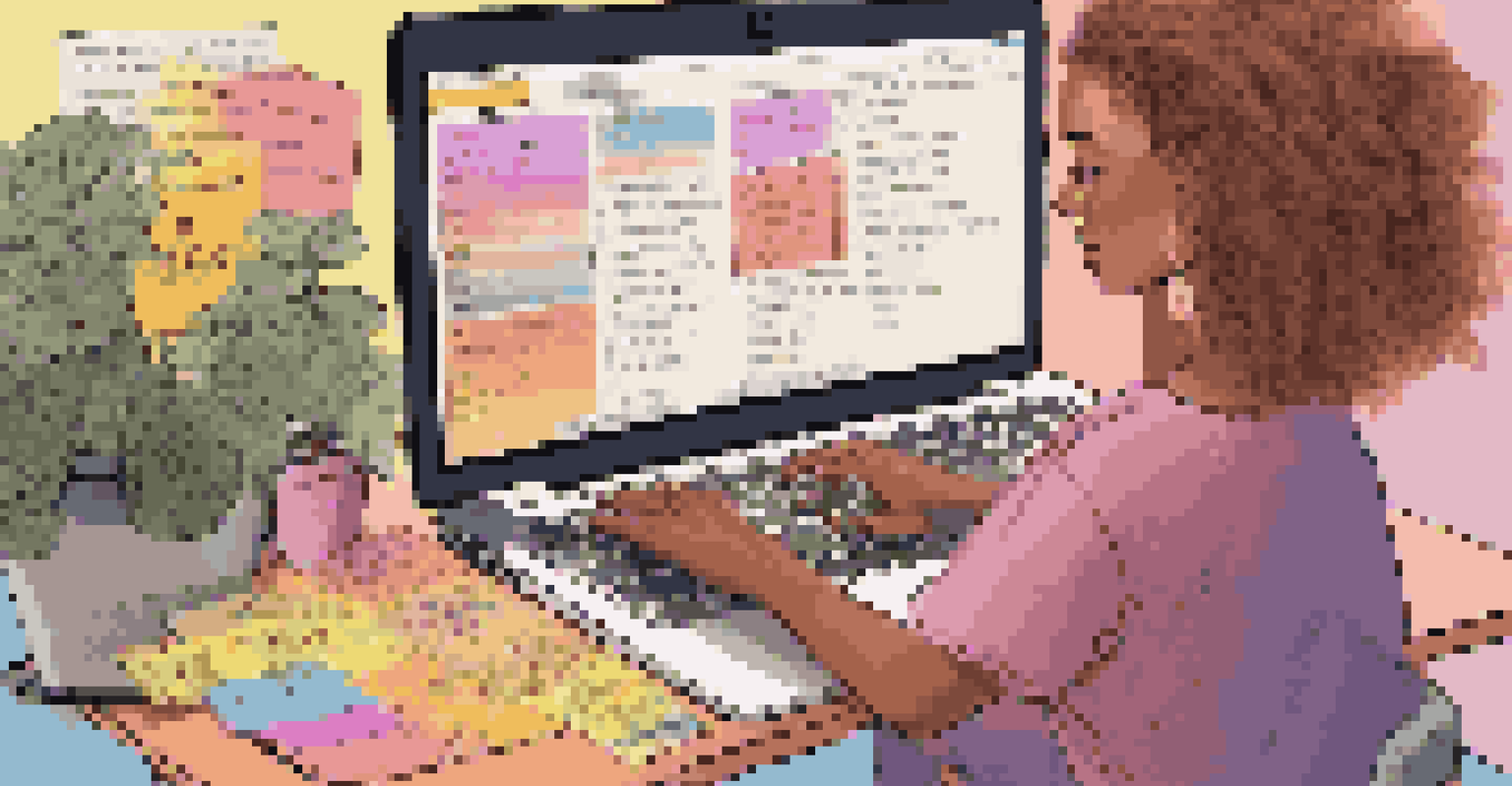 A close-up of a person focused on creating a music playlist on a laptop, surrounded by colorful sticky notes.