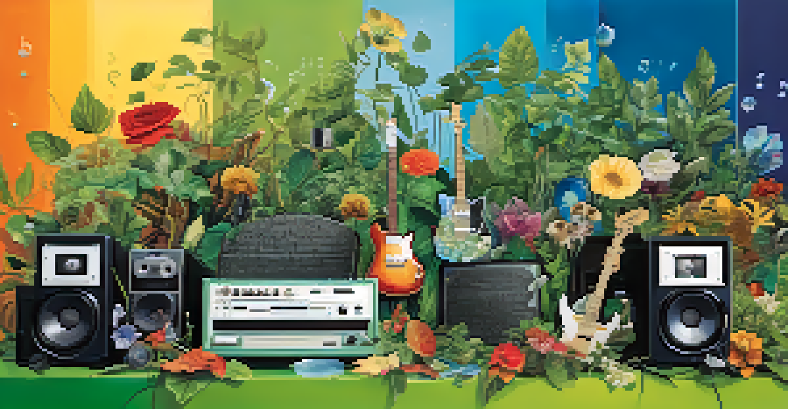 A collage of music genre icons surrounded by nature elements, illustrating the connection between music and the environment.