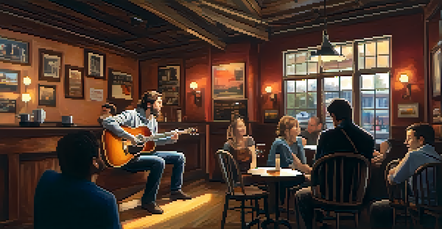 A singer-songwriter performing in a cozy coffeehouse with soft lighting and an attentive audience.