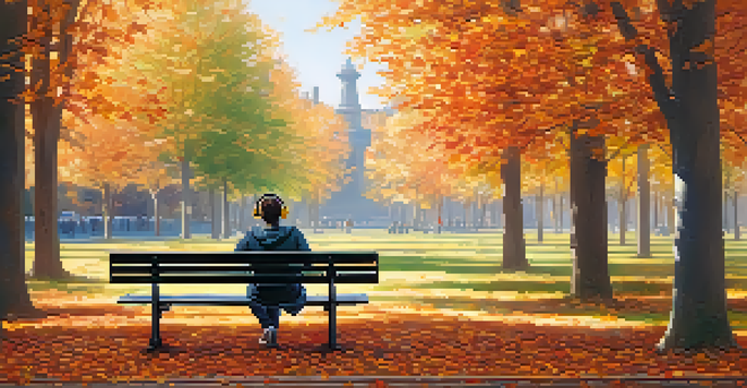 A person enjoying music on a park bench surrounded by colorful autumn leaves, with sunlight filtering through the trees.
