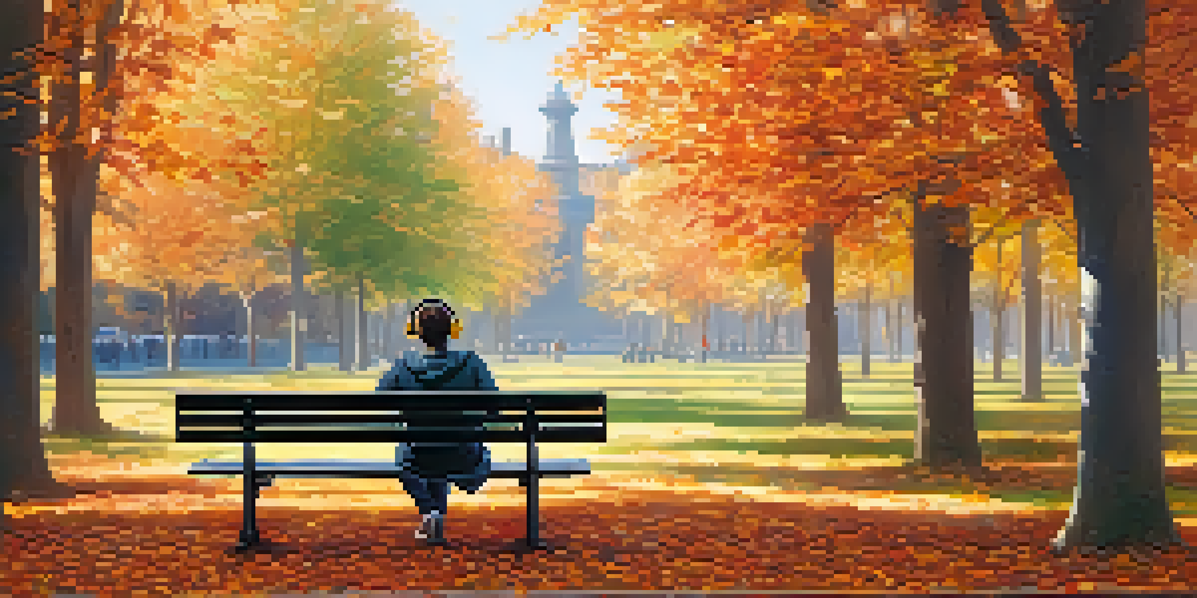 A person enjoying music on a park bench surrounded by colorful autumn leaves, with sunlight filtering through the trees.