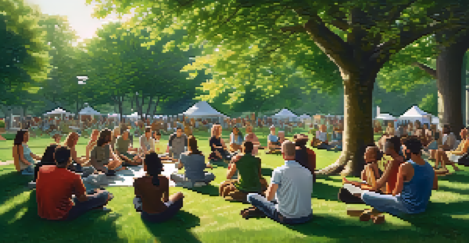 A community gathering in a park where individuals share stories and music, creating a peaceful atmosphere.