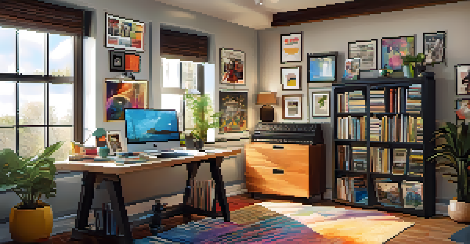 A cozy home office with music memorabilia and a laptop, illuminated by natural light from a window.