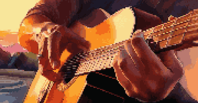 A musician's hands playing a guitar against a colorful sunset background.