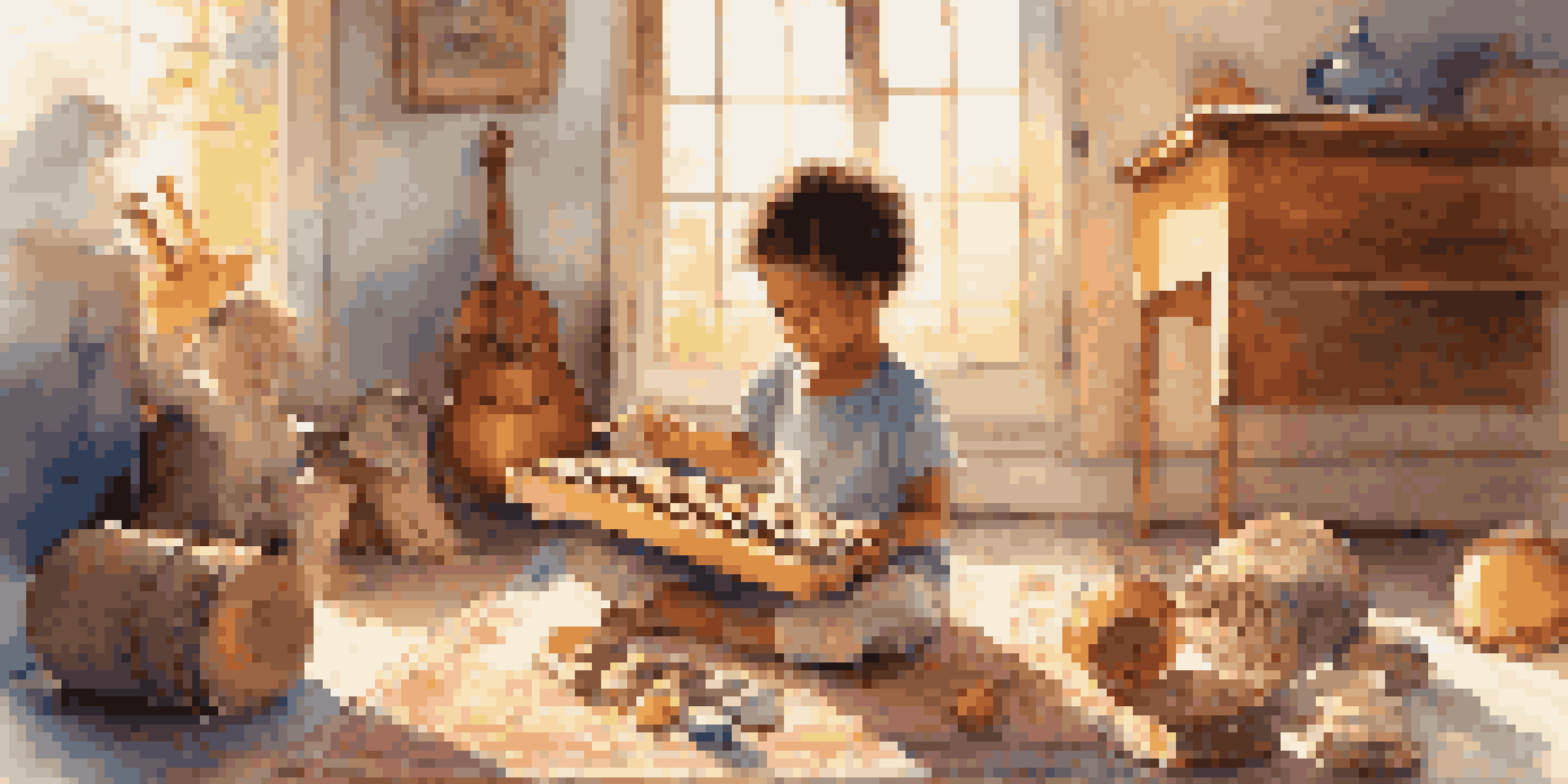A child happily playing musical instruments on a rug in a sunlit room, surrounded by colorful instruments.
