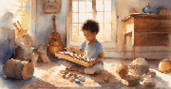 A child happily playing musical instruments on a rug in a sunlit room, surrounded by colorful instruments.