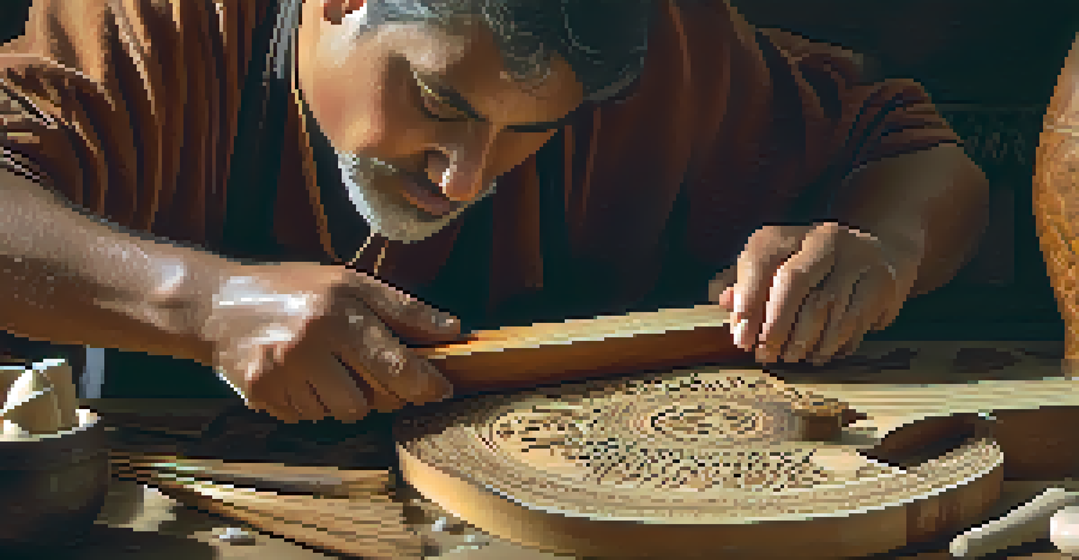 An artisan crafting a wooden lute, with tools and wood shavings around, showcasing intricate patterns on the instrument.