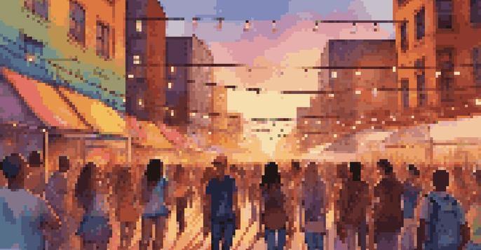 A lively music festival in an urban setting with diverse young people dancing and enjoying the atmosphere during sunset.