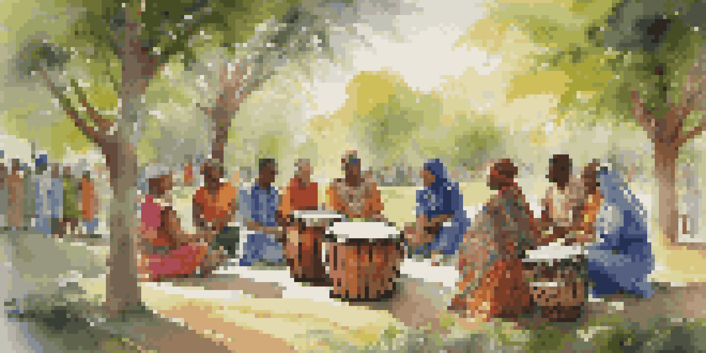 Peacekeepers from various cultures playing drums together in a lush green outdoor setting, showcasing joyful expressions and traditional attire.