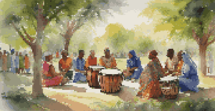 Peacekeepers from various cultures playing drums together in a lush green outdoor setting, showcasing joyful expressions and traditional attire.