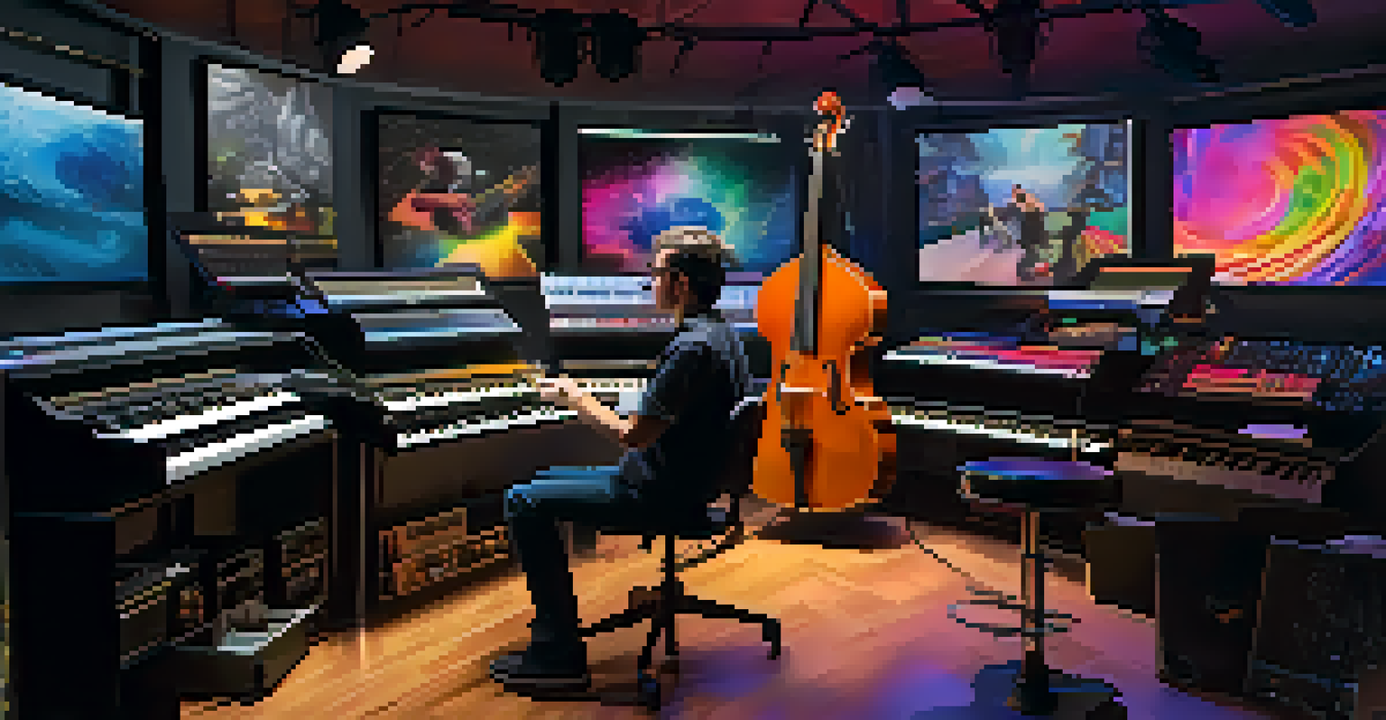 A virtual studio with musicians and visual artists collaborating, surrounded by digital tools and holographic displays.