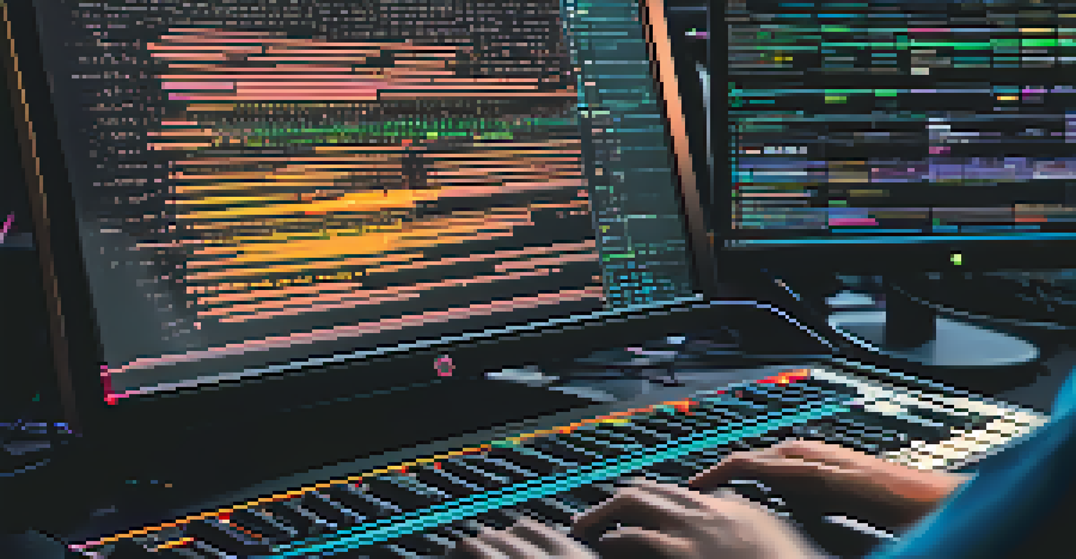 A close-up view of a computer screen showing code and music production software, with a student playing a keyboard in the background.