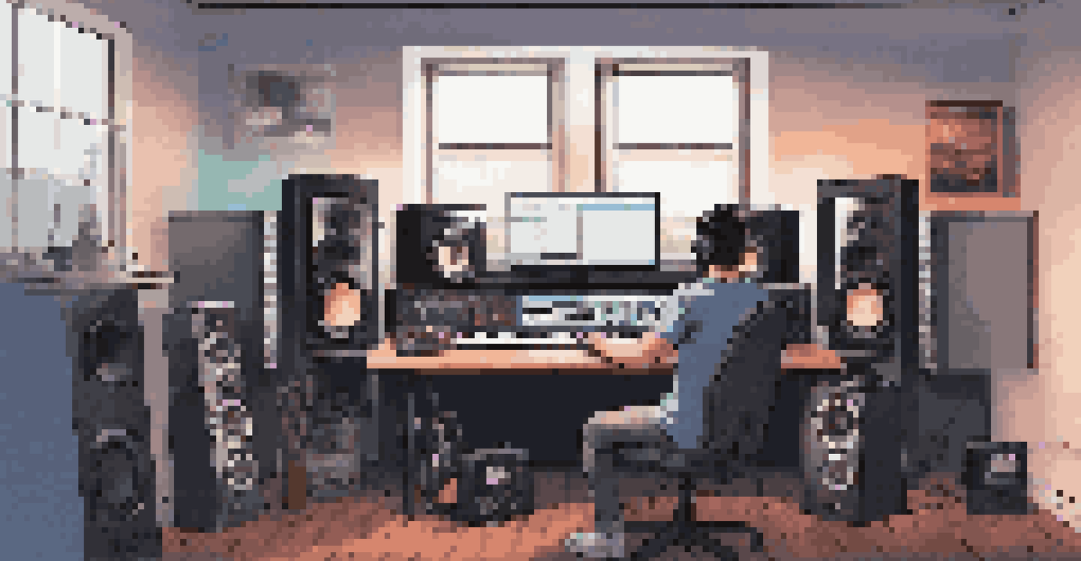 An artist working in a home studio with an audio interface and computer, surrounded by soundproofing panels.