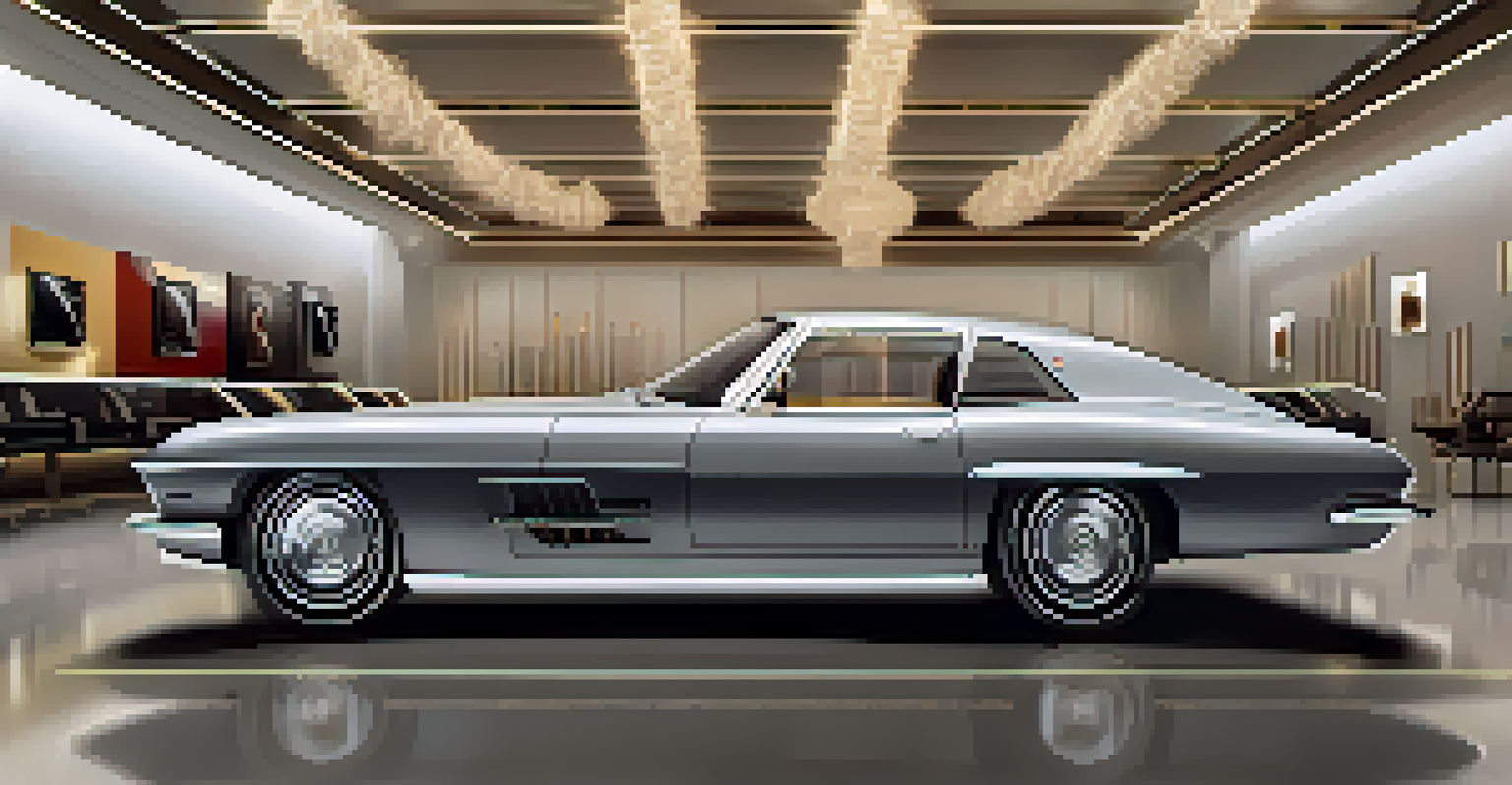 A luxurious car showroom with elegant vehicles under ambient lighting, complemented by flowing sound waves representing classical music.