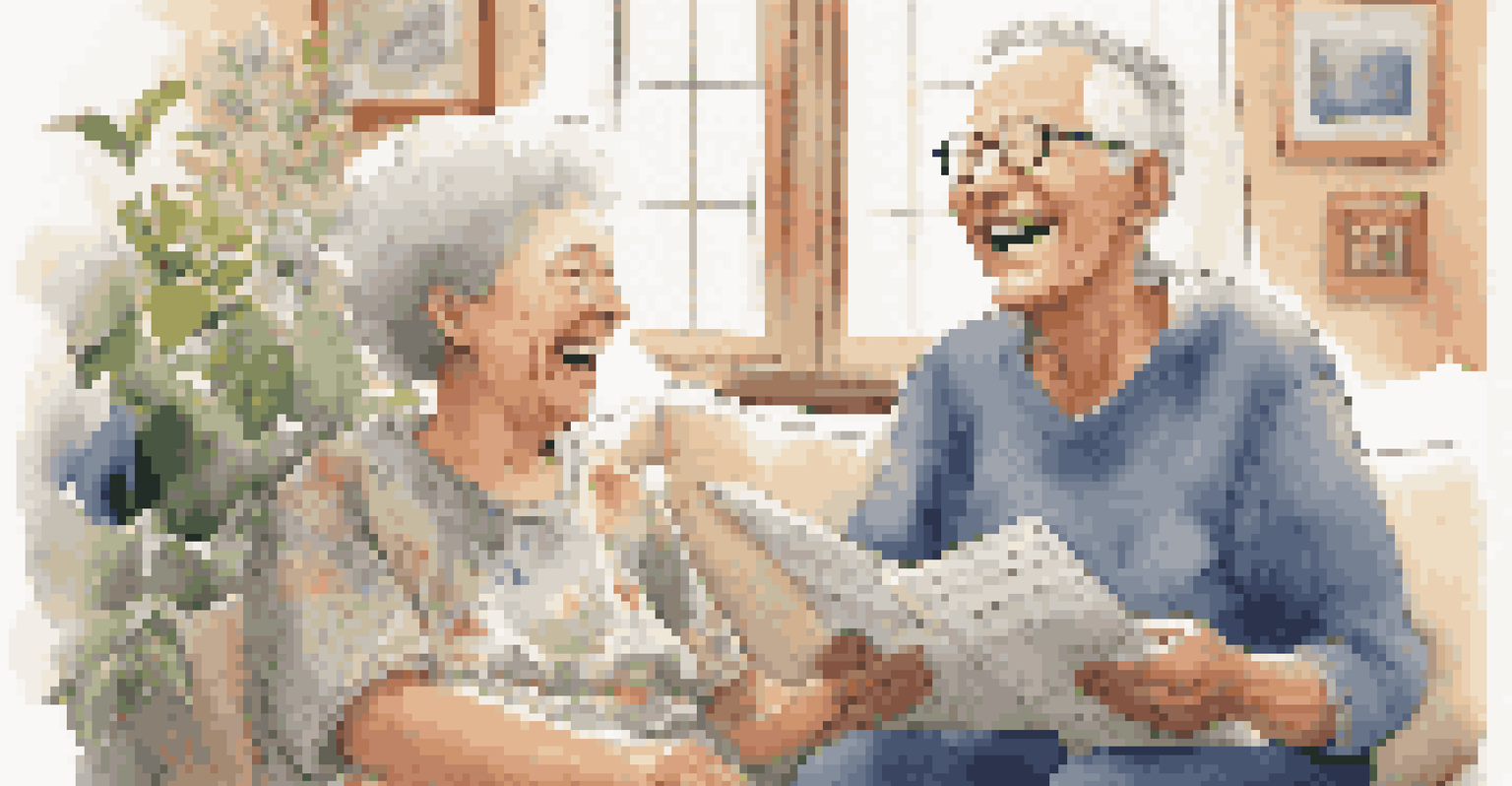 An elderly man smiling while singing during a music therapy session with his therapist.