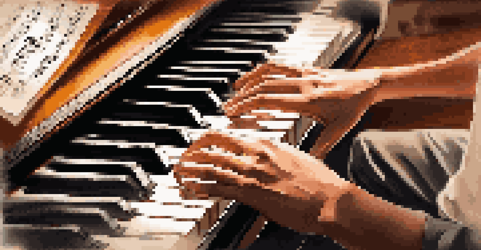 A close-up of a student's hands playing piano, with sheet music visible in a softly lit setting.