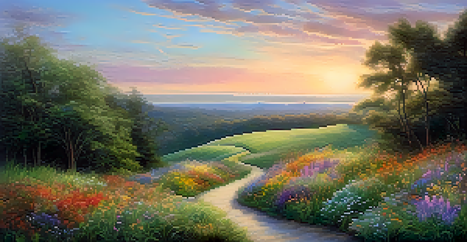 A serene landscape with a winding path, lush greenery, and a pastel sky symbolizing microtonality.