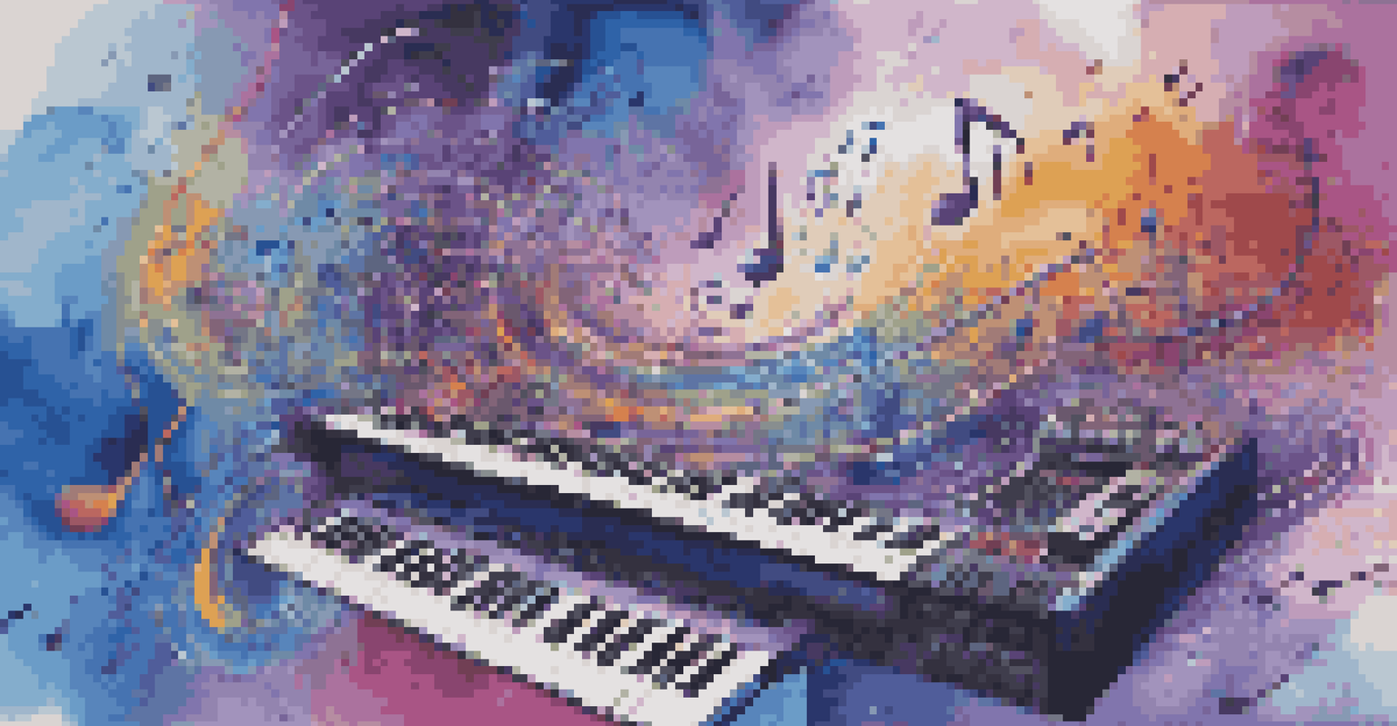 An abstract image illustrating the fusion of AI and music production, with swirling soundwaves and vibrant colors.